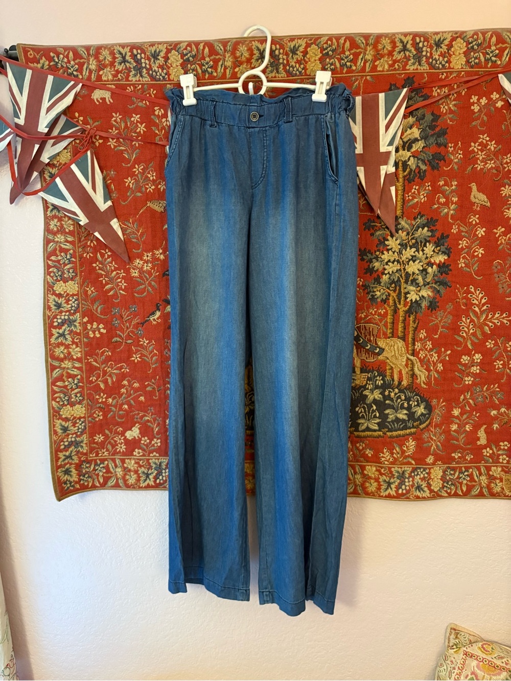 Rewash Medium Blue Denim Rayon Cotton Wide Leg Pants Pull On Long